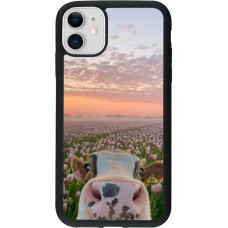Coque iPhone 11 - Silicone rigide noir Cow with tulips Spring 2026