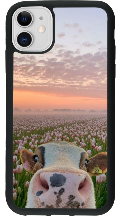 Coque iPhone 11 - Silicone rigide noir Cow with tulips Spring 2026
