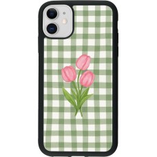 Coque iPhone 11 - Silicone rigide noir Green vichy tulips Spring 2026