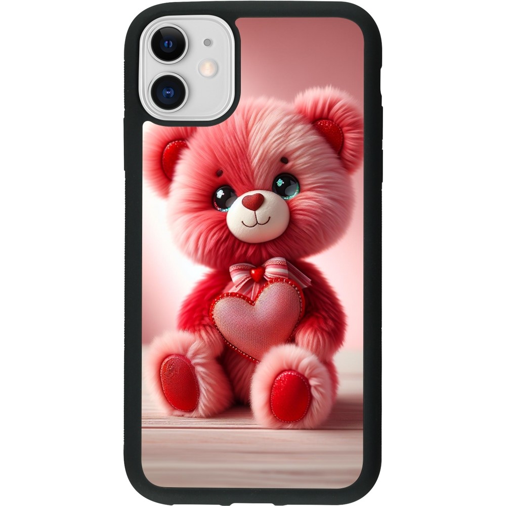 Coque iPhone 11 - Silicone rigide noir Valentine 2024 Ourson rose