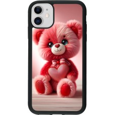 Coque iPhone 11 - Silicone rigide noir Valentine 2024 Ourson rose
