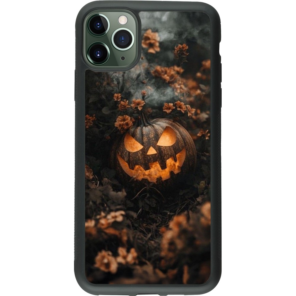 Coque iPhone 11 Pro Max - Silicone rigide noir Halloween 2025 Pumpkin with flowers