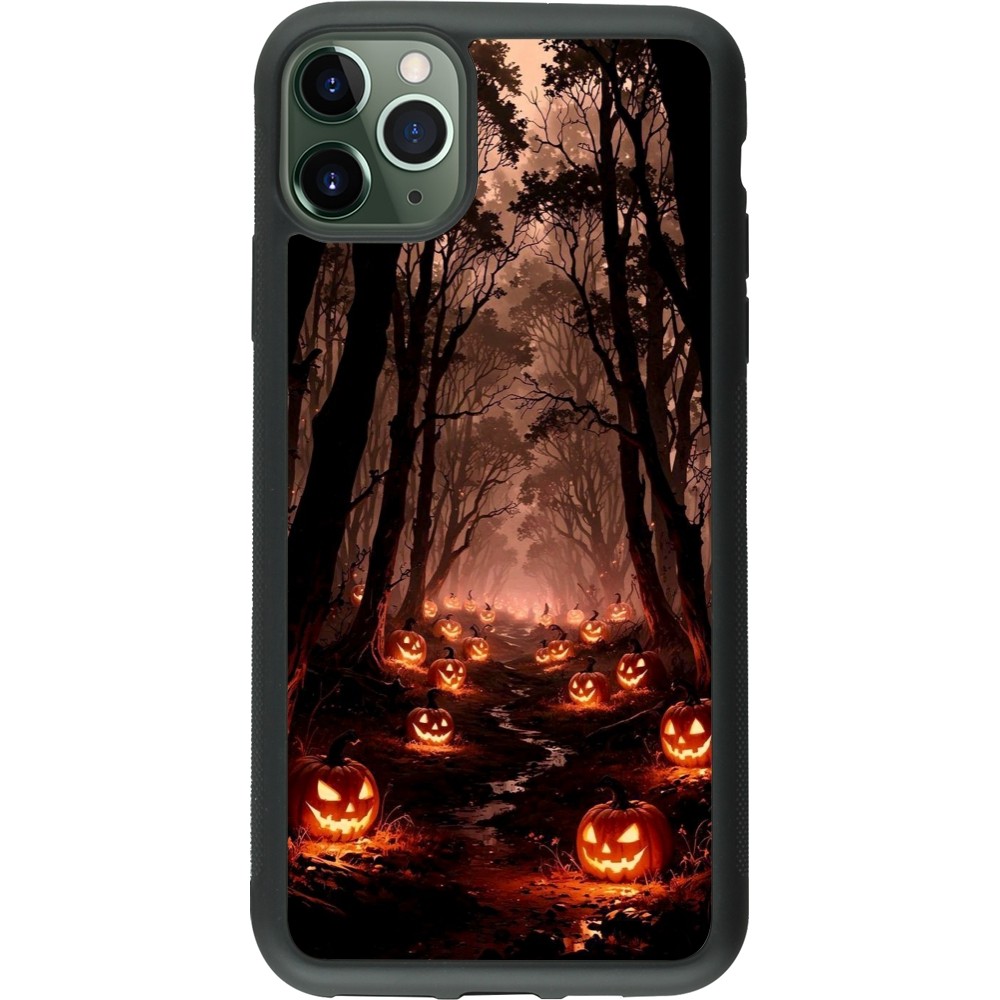 Coque iPhone 11 Pro Max - Silicone rigide noir Halloween 2025 Road of Terrifying Pumpkins
