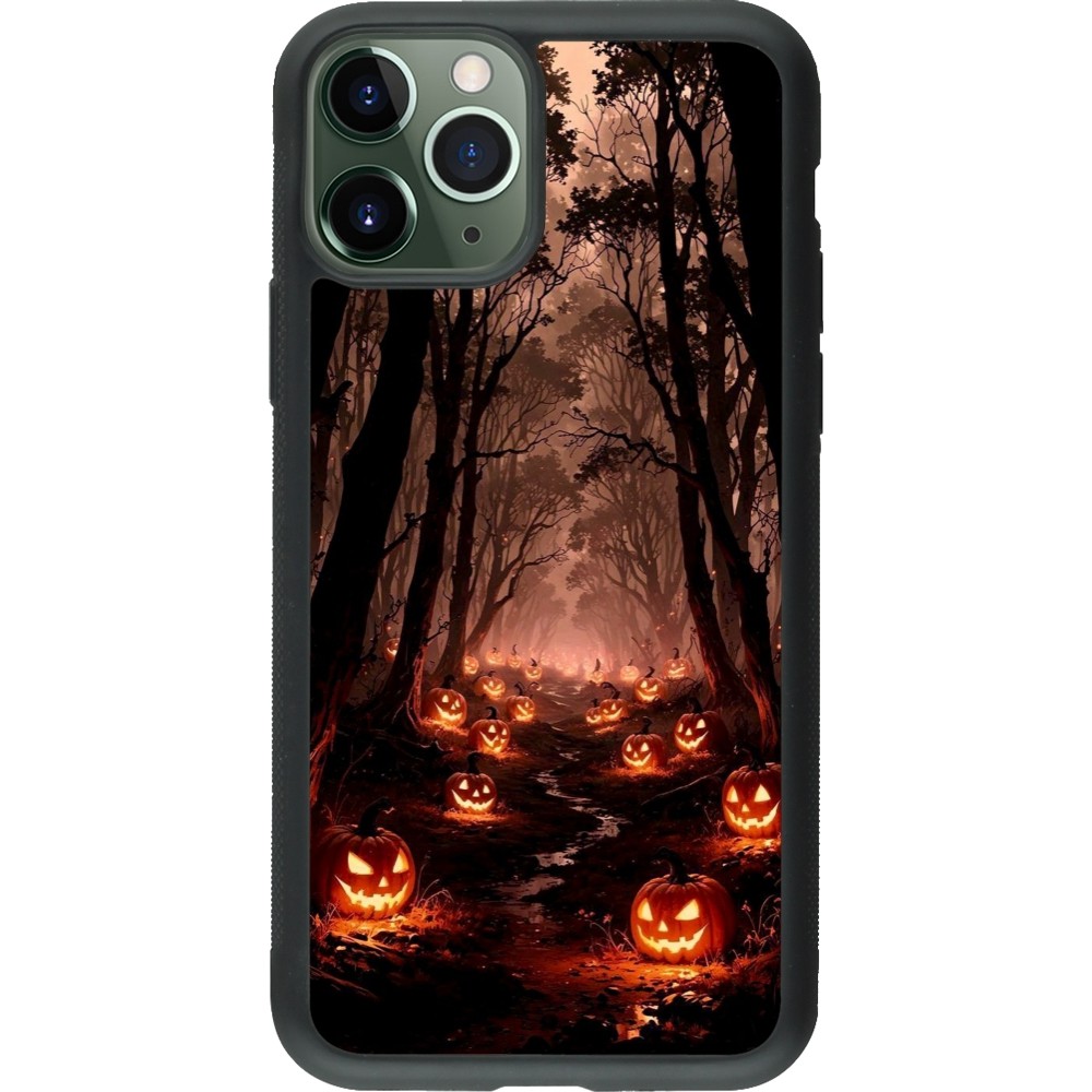 Coque iPhone 11 Pro - Silicone rigide noir Halloween 2025 Road of Terrifying Pumpkins
