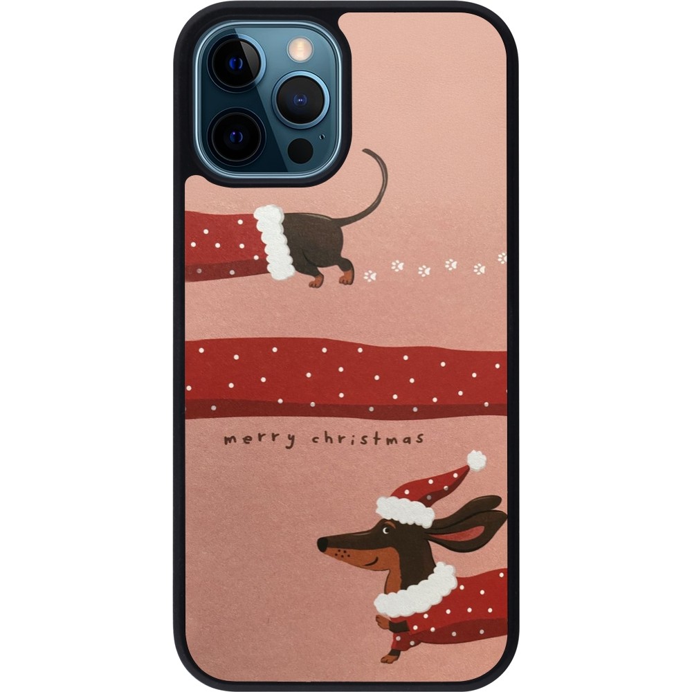 Coque iPhone 12 / 12 Pro - Silicone rigide noir Christmas 25 Teckel Merry Xmas