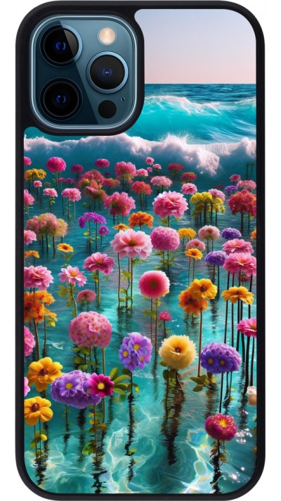 iPhone 12 / 12 Pro Case Hülle - Silikon schwarz Blumenmeer Wellen