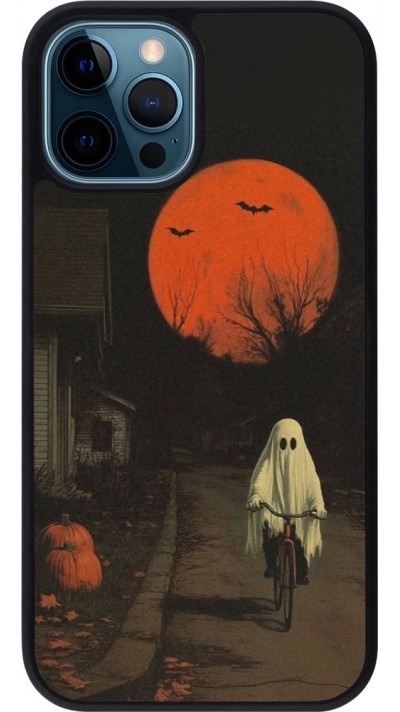 Coque iPhone 12 / 12 Pro - Silicone rigide noir Halloween 2025 Ghost on a bicycle
