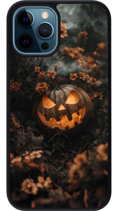 Coque iPhone 12 / 12 Pro - Silicone rigide noir Halloween 2025 Pumpkin with flowers