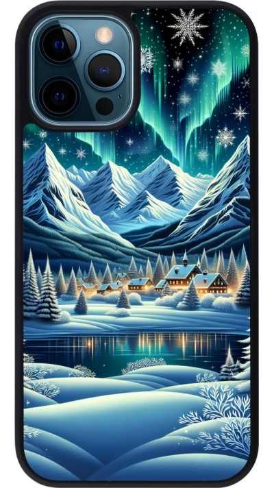 iPhone 12 / 12 Pro Case Hülle - Silikon schwarz Verschneites Bergdorf am See in der Nacht