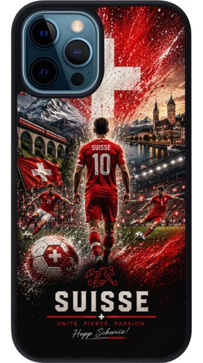 Coque iPhone 12 / 12 Pro - Silicone rigide noir Football Suisse splash 2026