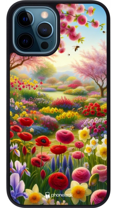 Coque iPhone 12 / 12 Pro - Silicone rigide noir Spring 25 Bouquet printemps