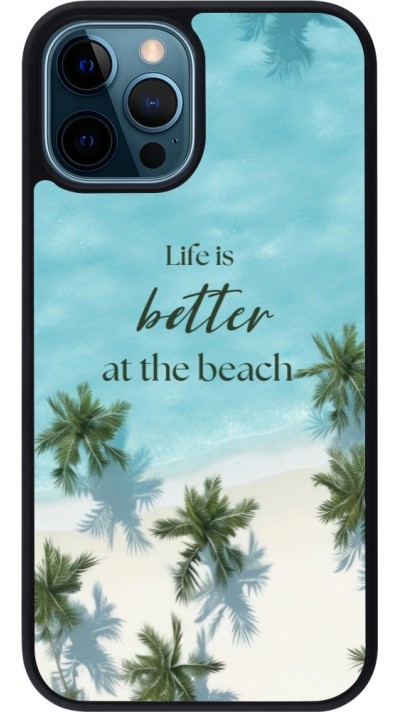 Coque iPhone 12 / 12 Pro - Silicone rigide noir Summer 2025 Life is better at the beach