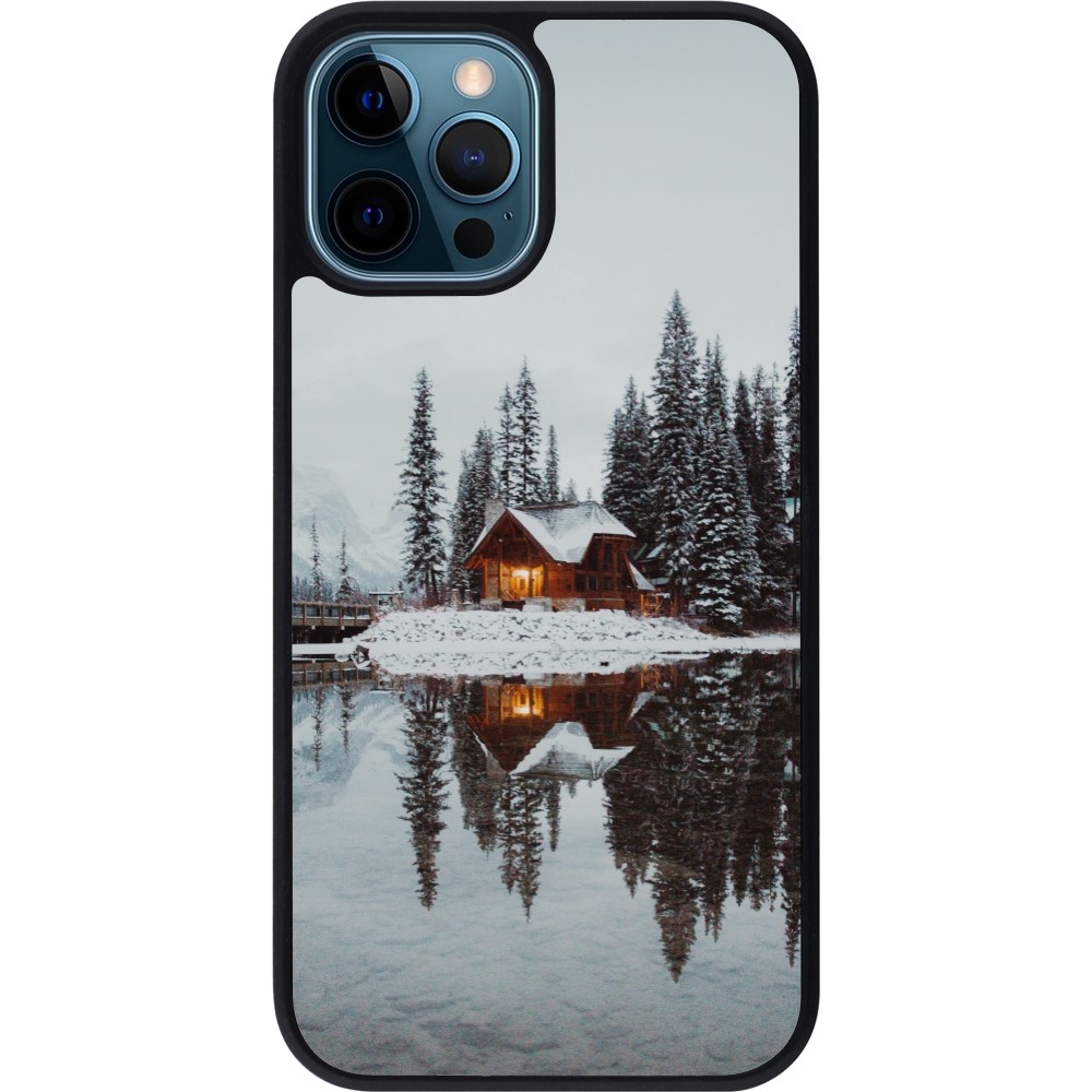 Coque iPhone 12 / 12 Pro - Silicone rigide noir Winter 25 Winter house forest afternoon
