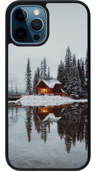 Coque iPhone 12 / 12 Pro - Silicone rigide noir Winter 25 Winter house forest afternoon