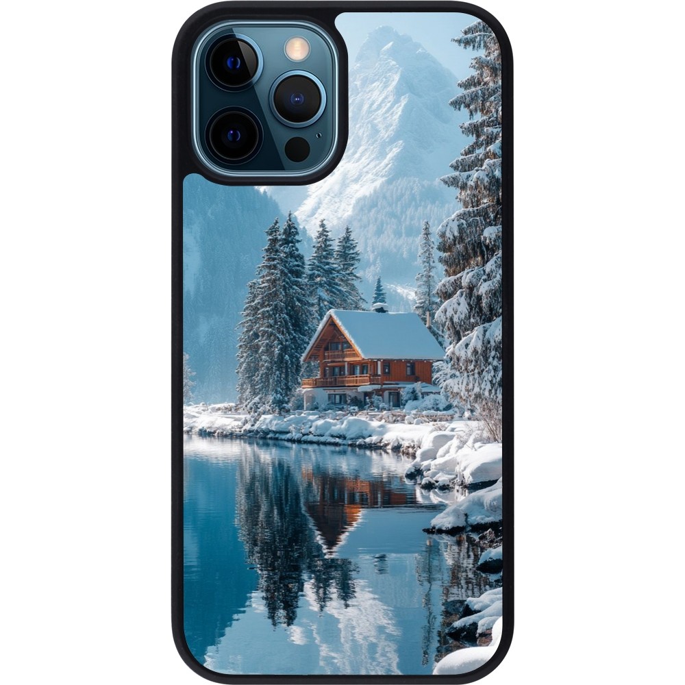 Coque iPhone 12 / 12 Pro - Silicone rigide noir Winter 25 Winter house forest day