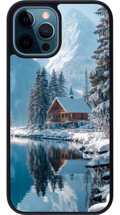 Coque iPhone 12 / 12 Pro - Silicone rigide noir Winter 25 Winter house forest day