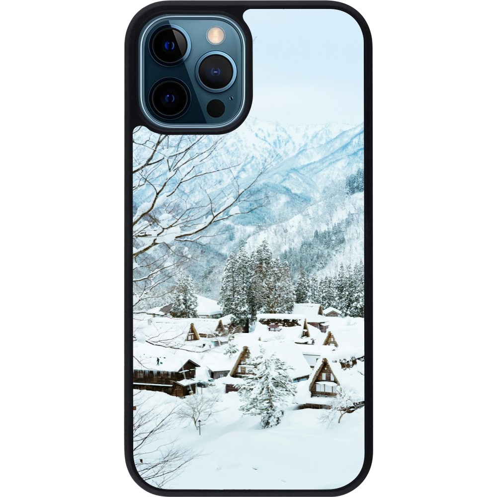 Coque iPhone 12 / 12 Pro - Silicone rigide noir Winter 25 Winter snowy landscape