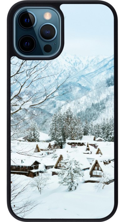 Coque iPhone 12 / 12 Pro - Silicone rigide noir Winter 25 Winter snowy landscape