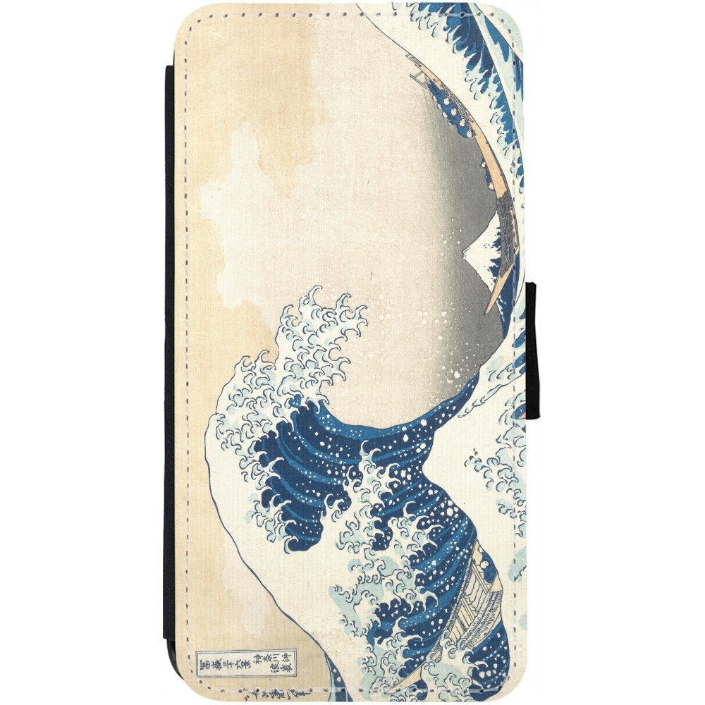 Coque iPhone 12 Pro Max - Wallet noir Tableau art - La Grande Vague de Kanagawa - Hokusai