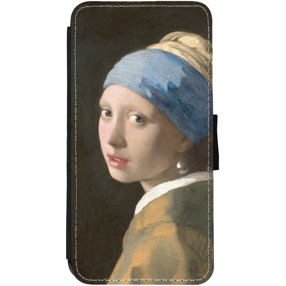 Coque iPhone 12 Pro Max - Wallet noir Tableau art - La Jeune fille à la perle - Johannes Vermeer