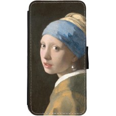 Coque iPhone 12 Pro Max - Wallet noir Tableau art - La Jeune fille à la perle - Johannes Vermeer