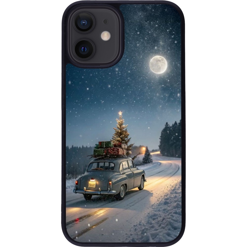 Coque iPhone 12 mini - Silicone rigide noir Christmas 25 Car with Tree Xmas