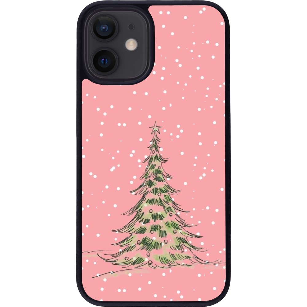 Coque iPhone 12 mini - Silicone rigide noir Christmas 25 Pink Tree