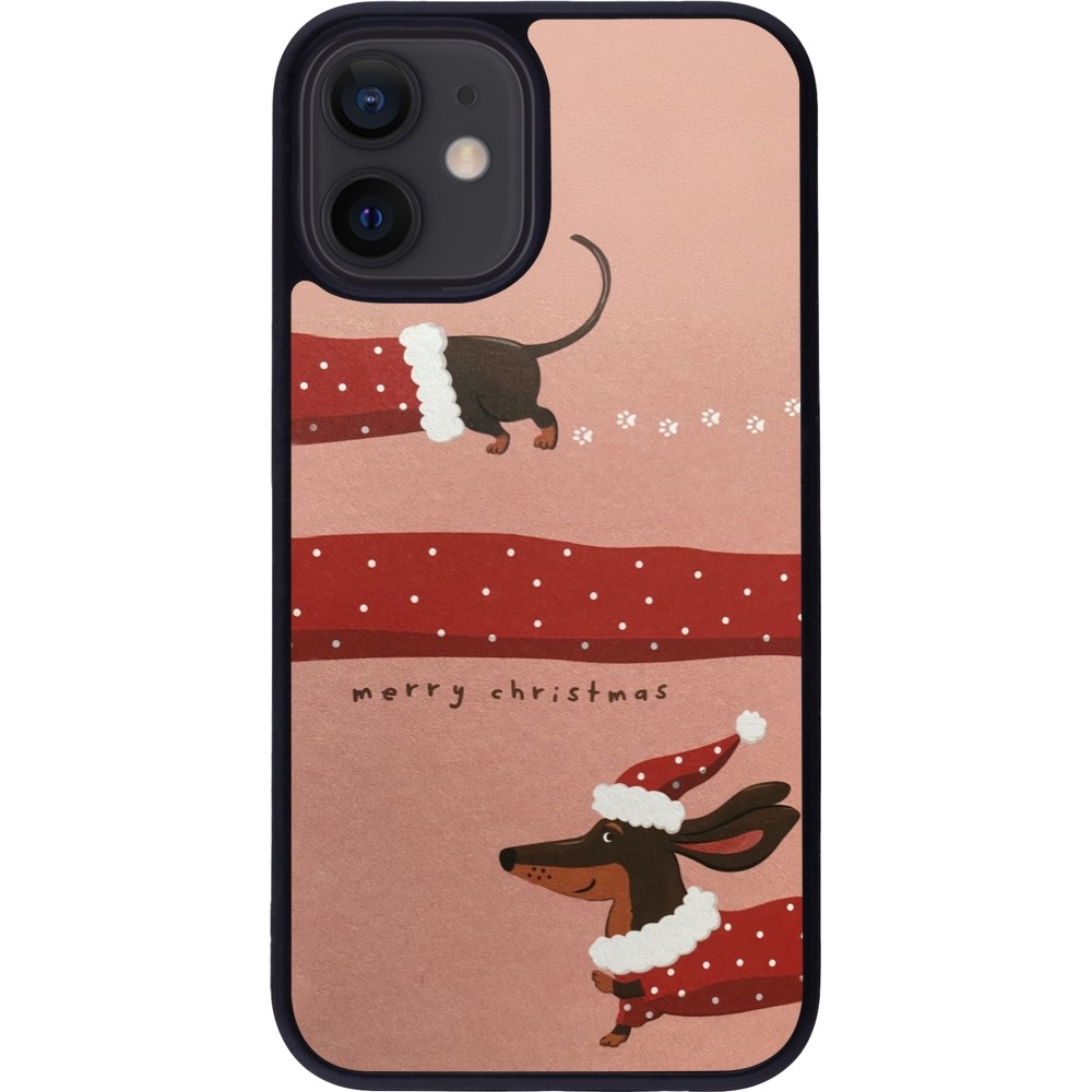 Coque iPhone 12 mini - Silicone rigide noir Christmas 25 Teckel Merry Xmas