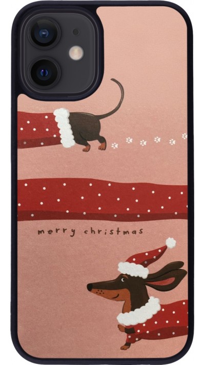 Coque iPhone 12 mini - Silicone rigide noir Christmas 25 Teckel Merry Xmas