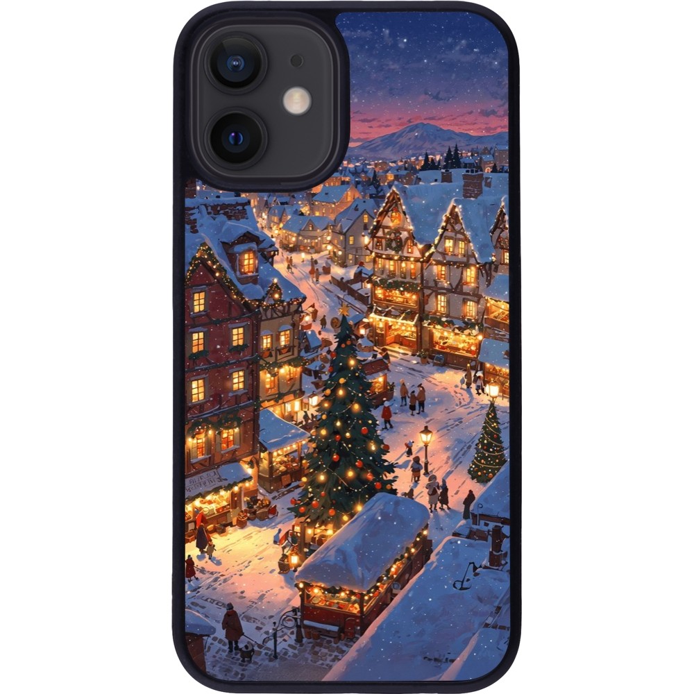 Coque iPhone 12 mini - Silicone rigide noir Christmas 25 Xmas Village