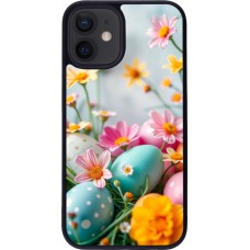 Coque iPhone 12 mini - Silicone rigide noir Easter 2026 Eggs with flowers