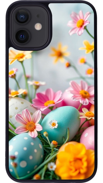 Coque iPhone 12 mini - Silicone rigide noir Easter 2026 Eggs with flowers