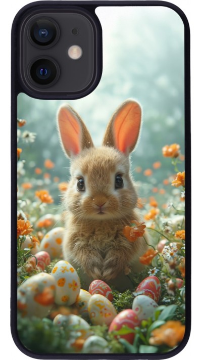 Coque iPhone 12 mini - Silicone rigide noir Easter 2026 Rabbit in the garden