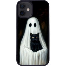 Coque iPhone 12 mini - Silicone rigide noir Halloween 2025 Ghost with black cat