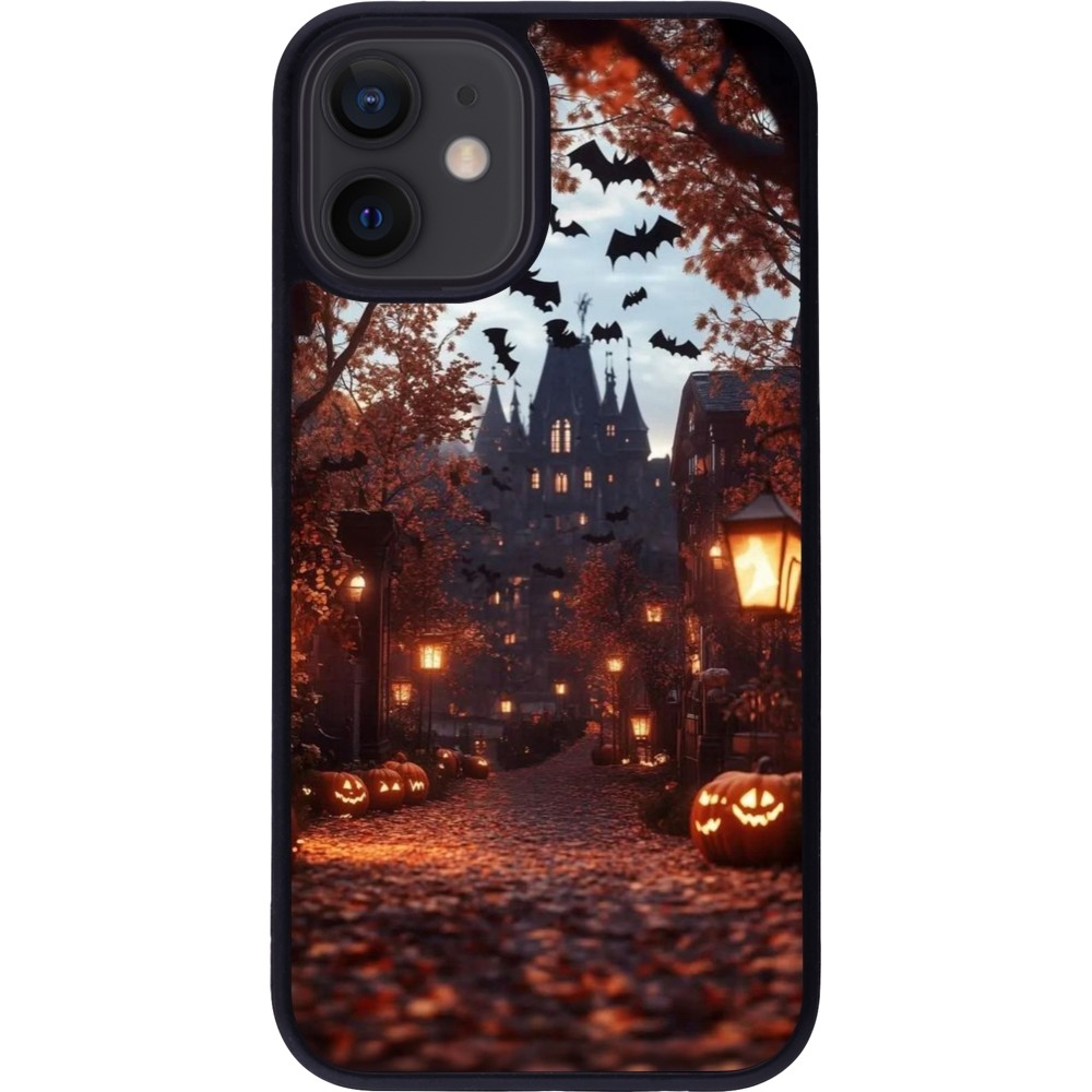 Coque iPhone 12 mini - Silicone rigide noir Halloween 2025 Haunted house