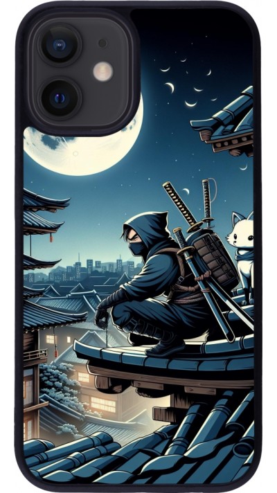 Coque iPhone 12 mini - Silicone rigide noir Ninja sous la lune