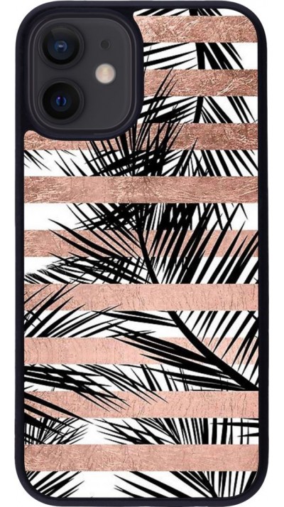 Coque iPhone 12 mini - Silicone rigide noir Palm trees gold stripes