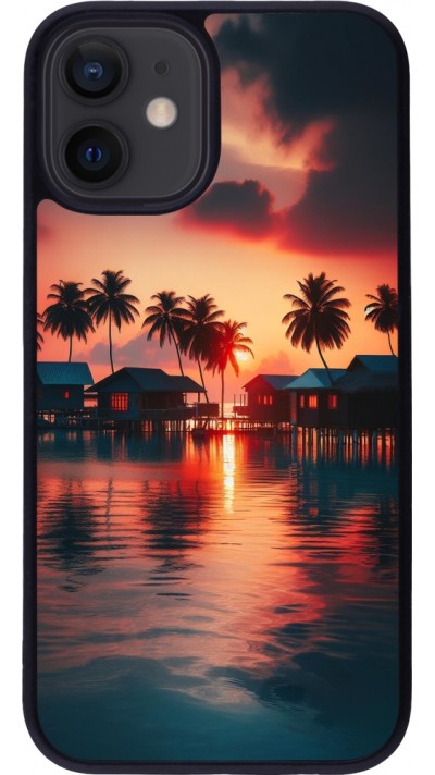 Coque iPhone 12 mini - Silicone rigide noir Paradis Maldives