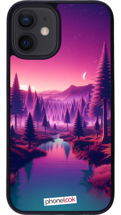 Coque iPhone 12 mini - Silicone rigide noir Paysage Violet-Rose
