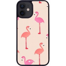 Coque iPhone 12 mini - Silicone rigide noir Pink Flamingos Pattern