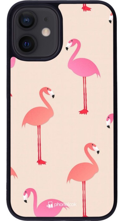 Coque iPhone 12 mini - Silicone rigide noir Pink Flamingos Pattern