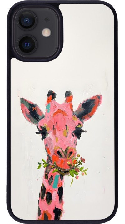 Coque iPhone 12 mini - Silicone rigide noir Pink Girafe Paint