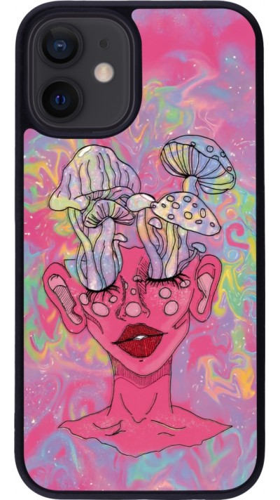 Coque iPhone 12 mini - Silicone rigide noir Psychedelic pink mushroom