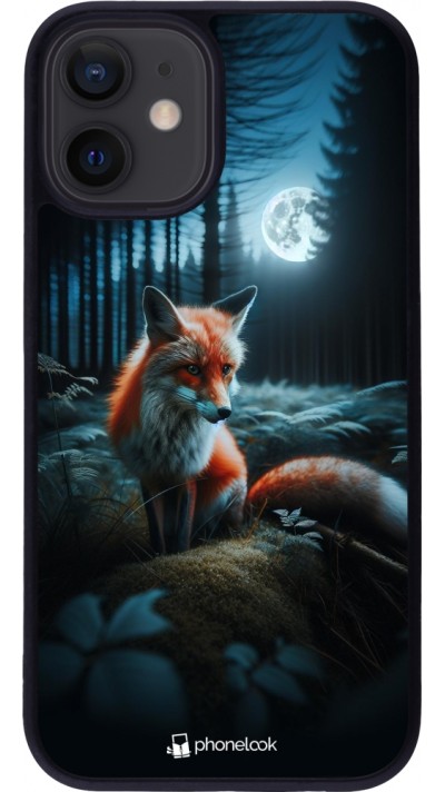 Coque iPhone 12 mini - Silicone rigide noir Renard lune forêt