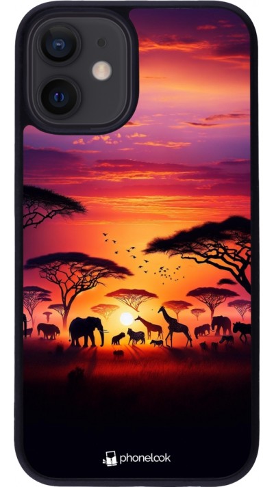 Coque iPhone 12 mini - Silicone rigide noir Safari sunset wildlife