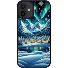 Coque iPhone 12 mini - Silicone rigide noir Snowy Mountain Village Lake night