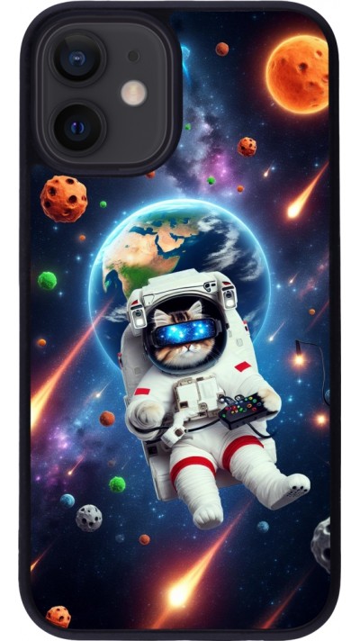 Coque iPhone 12 mini - Silicone rigide noir VR SpaceCat Odyssey