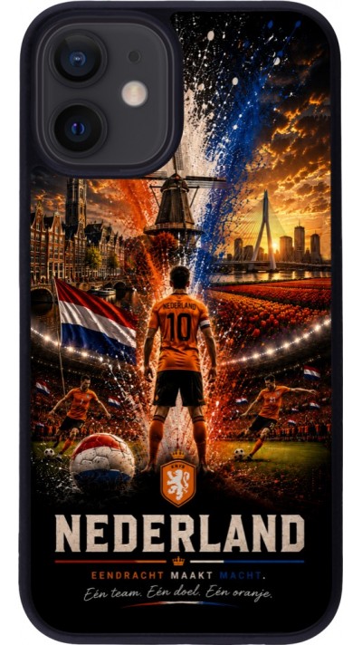 Coque iPhone 12 mini - Silicone rigide noir Football Pays-Bas splash 2026