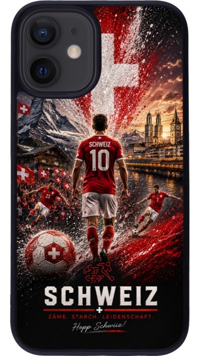 Coque iPhone 12 mini - Silicone rigide noir Football Schweiz splash 2026