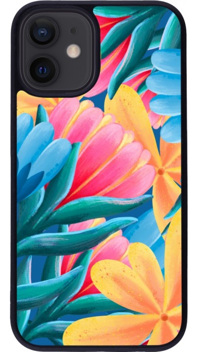 Coque iPhone 12 mini - Silicone rigide noir Spring 23 colorful flowers